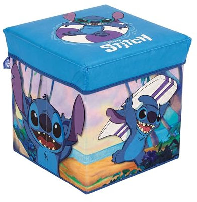 Superdiver - Coffre de rangement et tabouret Stitch - Licence Officielle Disney - 30x30x30 cm - Pouf pliable avec couvercle rembourré - Organisateur pour jouets