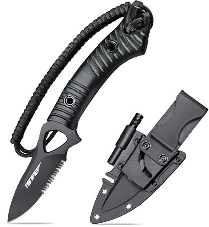 TONIFE Explorer Feststehendes Messer mit Scheide 8Cr14MoV Klinge Multifunktionales Überlebensmesser, Glasfaserverstärkter Nylongriff für Outdoor EDC Messer (Schwarz+Schwarz Titan mit Wellenschliff)