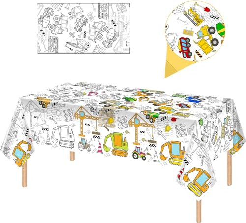 Papier Tischdecke zum Ausmalen,137x274cm Ausmaltischdecke zum Kinder Beschäftigung,Rechteck Wasserdicht Rätsel Tischdecke,Ingenieurfahrzeug Thema Partydekorationen beim Kindergeburtstag
