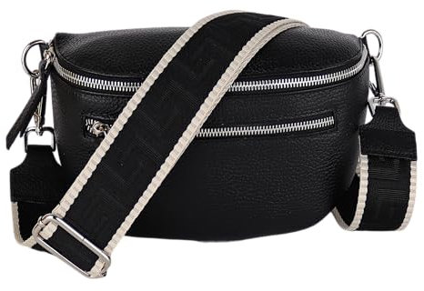 MIRROSI® Damen Bauchtasche Umhängetasche 27x14,5x8cm Damen, Made in Italy, aus Echtleder Tasche Echtes Leder, Brusttasche, Crossbody Bag,Bohemian Style (1 Tasche 2 Gurte) (Schwarz Uni)