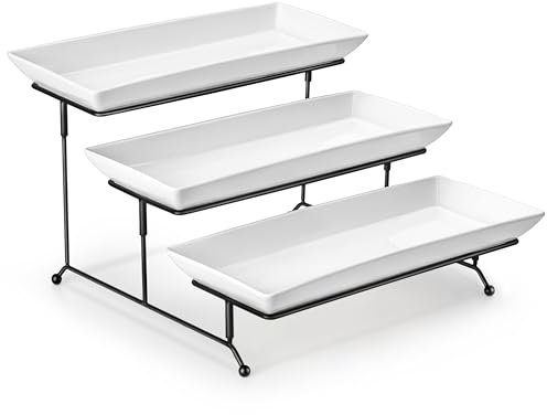 MALACASA 3-stufiges Servierplatten Porzellan Servierplatte mit zusammenklappbaren Sturdier Stand, für Party Entertaining Food Display Obst Dessert Cupcakes, Weiß 36x15.3cm
