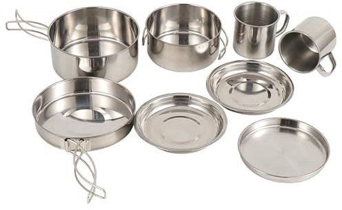 8Pcs Camping Cookware Set,Stainless Steel Camping Cooking Set,Camping Cooking Kit 2-3 People,Lightweight Camping Cookware Mess Kit,Cooking Pot Pan Set with Plates Cups for Outdoor Camp Hiking Backpack