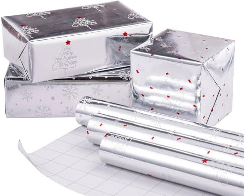 RUSPEPA Weihnachts-Geschenkpapierrolle mit metallischem Folienglanz – silberne Weihnachtselemente – 43,2 cm x 3 m pro Rolle, insgesamt 3 Rollen
