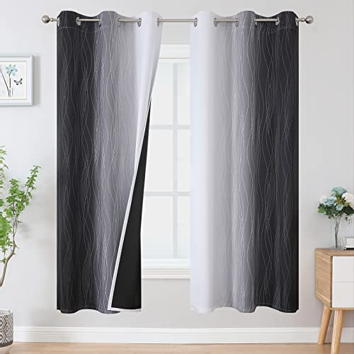 VEHEDE Schwarz und Weiß Farbverlauf Gardinen Wohnzimmer Thermovorhang gegen Kälte 2er Set Vorhänge Schlafzimmer mit Ösen, Verdunklungsvorhänge Blickdicht Ombre Kurz Fenster Küche, H 114 x B 107 cm
