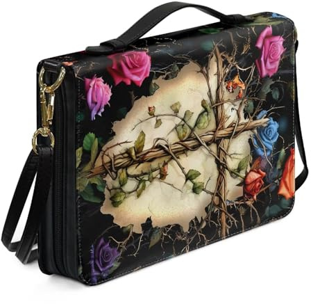 Xoenoiee Housse de bible en cuir pour homme et femme avec sangle amovible, Croix Roses Floral, L