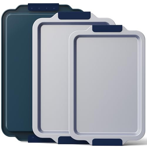 BRONYPRO Non Stick Ceramic Baking Sheet Pan Set of 3, Natural Non Toxic Cookie Sheets for Baking - PFOA, PTFE Free, Heavy Duty Aluminized Steel Oven Trays for Cooking with Silicone Handles, Navy
