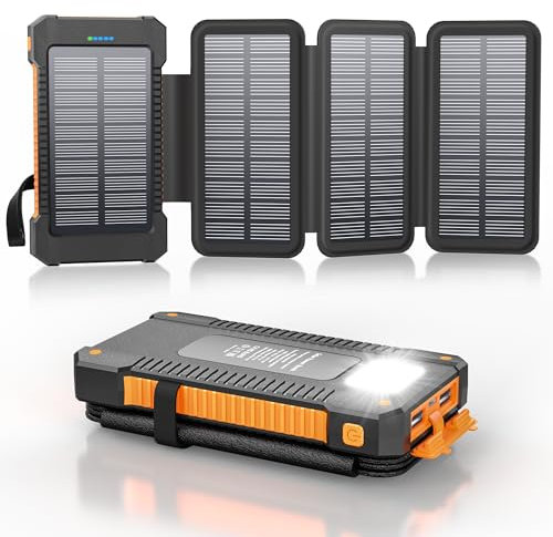 Solar Powerbank 26800 mAh mit 4 Solarpanel, Powerbank USB-C Schnellladung für iPhone Samsung und mehr, IPX8 wasserdichte Outdoor Externe Akkus mit Taschenlampen-Dauerlicht/SOS/Stroboskop