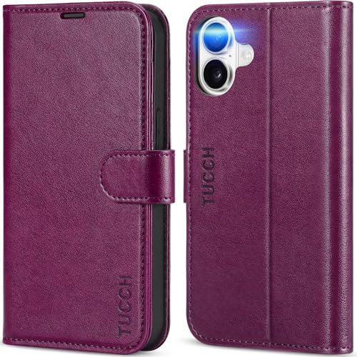 TUCCH Case for iPhone 16 (6.1) 2024 5G, PU Leather Wallet Magnetic Protective Flip Folio Stand Cover with[RFID Blocking] Credit Card Holders[Shockproof TPU] Compatible with iPhone 16, Plum Purple