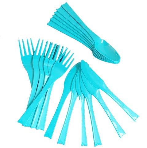 Reusable Plastic Cutlery Set, 18 Pieces, Spoons, Knives, Forks, for Picnics, Outdoor Dining, Parties, Travel, Camping, BBQs, Blue or Pink (Blue)