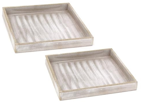 Set of 2 Rustic Grey Wash Wooden Display Trays Candle Trays | Pack of 2 Distressed Grey Wooden Trinket Trays Jewellery Dishes | Square Wood Display Dishes for Candles, Jewellery, and Decor - 25x25cm