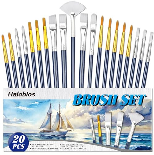 Halobios Paint Brushes Set, 20PCS Painting Brushes Different Types of Brushes for Acylic Paint, Watercolor, Oil, Paint Brushes Bulk for Nail, Face Art, Craft, Rock Painting and School Project