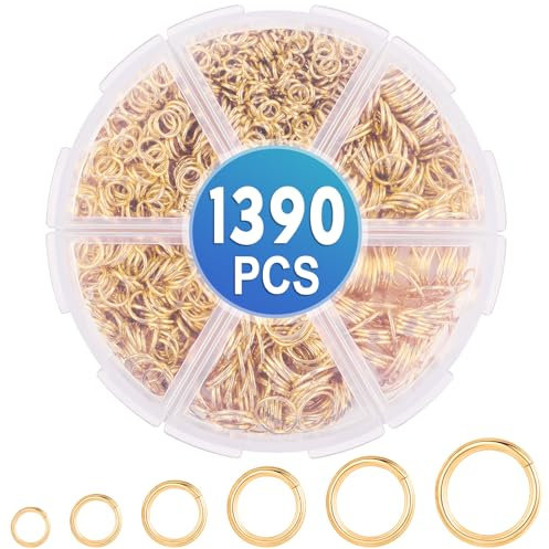 1390 Stück Biegeringe Kit, 6 Größen Jump Rings Gold Spaltringe Metall kettenring Offene Schmuckherstellung Ringe für Schmuck machen Armband Halskette Charms Reparatur (4mm 5mm 6mm 7mm 8mm 10mm)