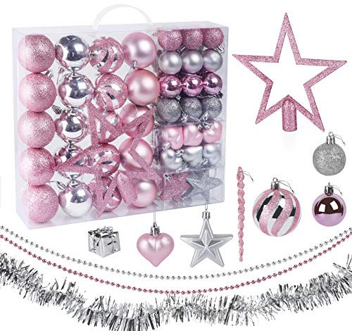 Truevaste Weihnachtskugeln, 60er Set Christbaumkugeln Kunststoff, Mit Baumkronensterne, Weihnachtsbaumkugeln für Christbaumschmuck, Enthält viele Stile, Rosa und Silber