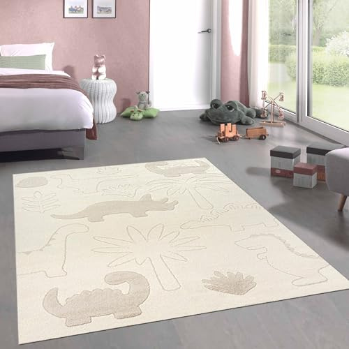 CARPETIA Teppich Kinderzimmer Unterlage Babyzimmer Dino Tier Pflanzenmuster Allergikergeeignet in Creme, 200 x 280 cm