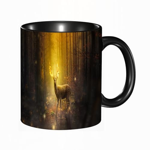 EKLMPS Original Mug en céramique,idéal comme cadeau,impression de haute qualité,mug à motifs,mug à thé,à café,330ml,Cerf de la forêt Thème animal fantastique Plante de la forêt