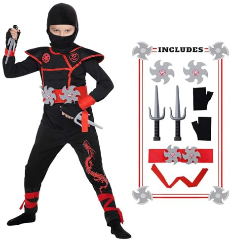 HaoVrisn Costume De Ninja Pour Enfant Garçon, Taille M (130-140cm), Rouge, Motif Dragon