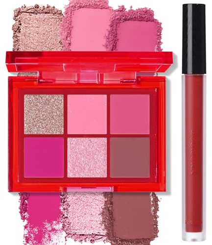 BOBISUKA Eyeshadow + Matte Lipstick Makeup Kit, 6 Colors Pink Rose Plum Shimmer Matte Gold Metallic Eye Shadow Pallet with Red Liquid Lipstick Makeup Set for Halloween, Daily,Parties, Concert