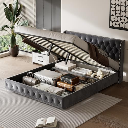 Doppelbett, gepolstert, 160 x 200 cm, Bettkasten mit hydraulischer Aufbewahrung, Bettgestell mit Kopfteil und Lattenrost, Bett mit Nietenverzierung, aus Samt, Dunkelgrau (160 x 200 cm)