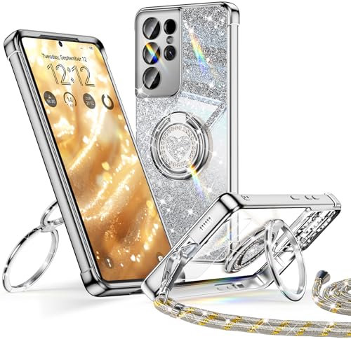 XYZ für Samsung Galaxy S21 Ultra Hülle mit Band, Herzen Doppelring Ständer Luxus Glitzer HandyHülle Kameraschutz, Frauen Stoßfest Elektroplattiert Soft TPU SchutzHülle Samsung S21 Ultra Case, Silber