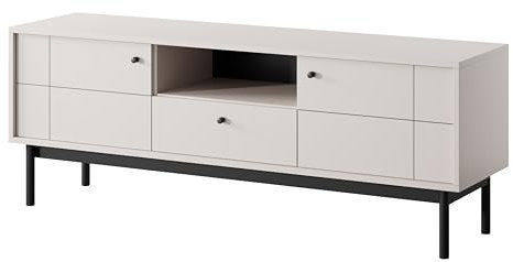 3xE Living TV-Schrank mit Schublade und Türen – Kaschmir, Schwarze Holzbeine – 153,5 x 56,5 x 39 cm – Japandi-Stil