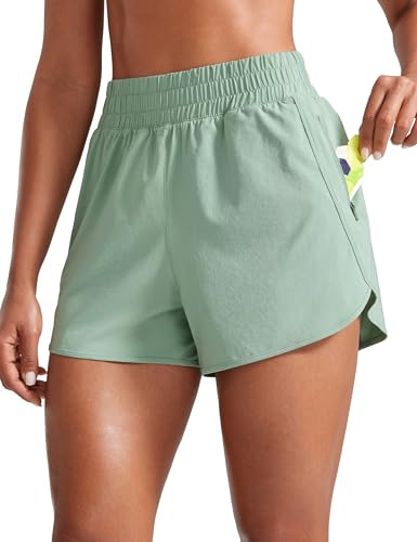 CRZ YOGA Women's High Waist Running Shorts - 3'' Mesh Liner Quick Dry Athletic Gym Workout Shorts with Zipper Pocket Green Palm Court 16