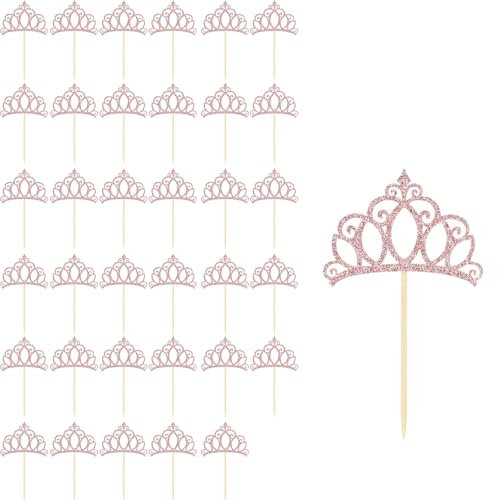 Glitter Princess Crown Cupcake Toppers Bling Sparkle Queen Crown Cake Picks for Queen Princess Theme Baby Shower Girls Wedding Birthday Party Cake Decorations Supplies Rose Gold 36Pcs