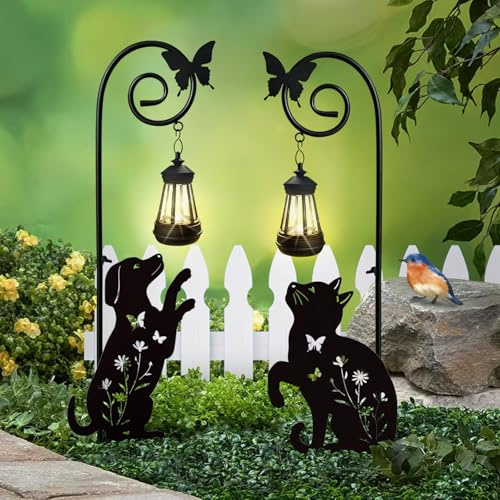 YY Gardenia Gartenstecker aus Metall, Beagle, Hund und Katze, mit Solarleuchten, für den Außenbereich, einzigartig, Garten-Silhouette, Tierdekoration, 2 Stück