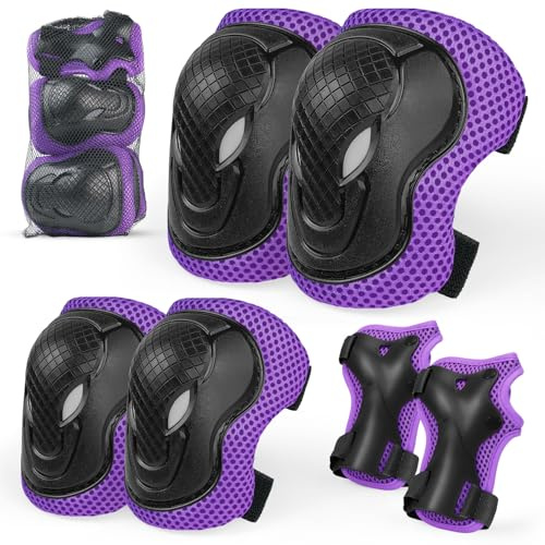 Rodilleras y coderas para niños, juego de equipo de protección deportiva ajustable de 6 en 1 con bolsa de malla para patineta, patinaje, ciclismo y deportes al aire libre (morado, M)