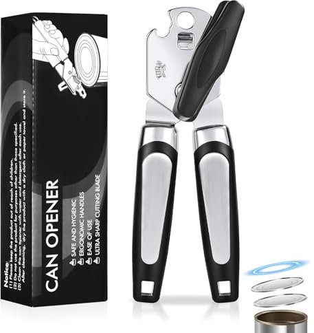 Luoqun88 Can Opener, 3 in 1 Stainless Steel Tin Openers, Heavy-Duty Manual Can Openers with Non-Slip Handle, Smooth Edge & Space-Efficient Wall-Mountable Design - A Durable Kitchen Tool (Black)