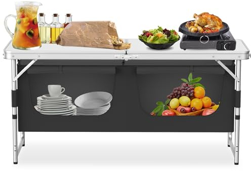 AufuN Cocina de camping plegable de 120 x 47 x 62 cm con bolsa de transporte – 2 alturas ajustables con encimera y compartimentos de almacenamiento para camping, picnic, barbacoas, autocaravanas