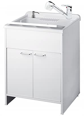 SIGO Set Spüle + Unterschrank 60x60 cm, Wirtschaftliche Senke mit Unterschrank, Seifenbehälter, Wasserhahn mit ausziehbarem Kopf, Unterschrank mit 2 Türen, Reibe zum Waschen, Siphon, Farbe Weiß/Silber