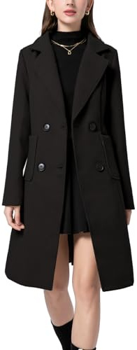 Vanchenl Manteau d'hiver en laine mélangée pour femme, col cranté, double boutonnage, revers mi-long, veste d'extérieur, Noir , L