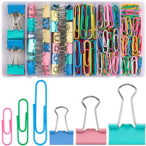 Caianwin 300 PCS Paper Clips Set Coloured Bulldog Clips Foldback Clips | 40/32/25mm Bulldog Clips, 55/33/28mm Paper Clips, Binder Clips for Documents, Tickets – Office, School & Home Paper Clamps