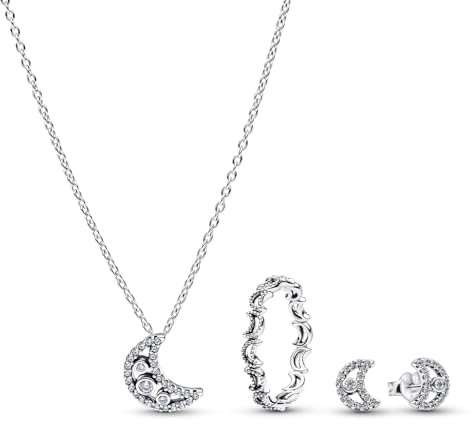 PANDORA Schmuck-Set für Damen Silber Kette, Ohrringe und Ring Mond 21122 | wunderschönes Geschenk mit Halskette und Ohrstecker für Frauen mit funkelnden Zirkonia