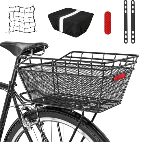 Large Bicycle Basket - Rear Bike Basket with Cargo Net and 2-in-1 Waterproof Cover, Wire Bike Baskets, Large Capacity for Adult Bikes,Electric Bike,Carrying Grocery,Ball,Dog