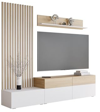 Mirjan24 Wohnwand Narezi, Elegantes Wohnzimmer-Set mit dekorativen Lamellen, Anbauwand mit Wandpaneele, TV-Lowboard, und Wandregal, Fernsehschrank (Weiß/Eiche Cremona, Breite: 225 cm)