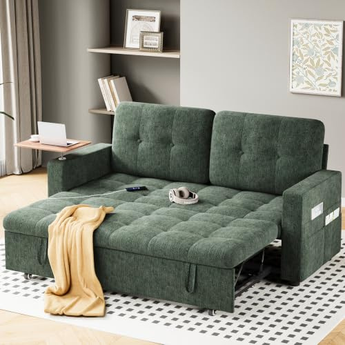 JEFFORDOUTLET Sofa Bed 2 Seater, 3-in-1 Convertible Sleeper Corner Sofa Couch with Detachable Side Table, USB, Side Pocket for Living Room, Guest Room, Chenille Pull Out Loveseat Bed,Settee,Green