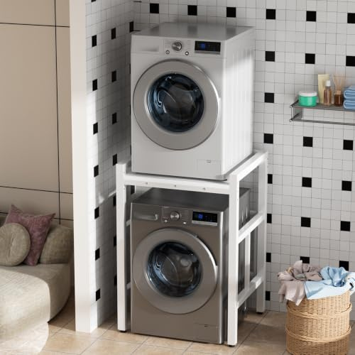 Techimes Over Washing Machine and Dryer Shelving Unit, Washer Stand Stacking Kit with Shelf & Countertop, Height Adjustable Over the Washer Storage Rack for Laundry, Bathroom, 250KG Capacity White