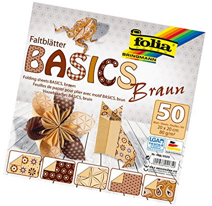 folia 466/2020 - Fogli Pieghevoli Basics Marrone, 20 x 20 cm, 80 g/m², 50 Fogli Assortiti in 5 Motivi, Ideali per meravigliose Figure e Forme