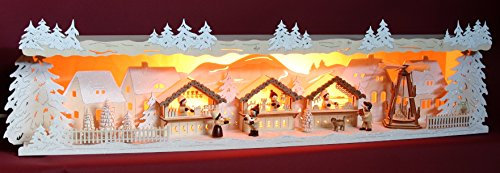 Große 3D Schwibbogen-Unterbank Weihnachtsmarkt verschneit Handarbeit aus dem Erzgebirge
