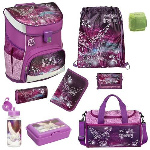 Pegasus Pferde Schulranzen-Set 9 TLG. Scooli Campus Fit Ranzen 1. Klasse mit Brot-Dose, Sport-Flasche, Sporttasche und Regenschutz