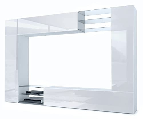 Vladon Wohnwand Mirage, Made in Germany, Anbauwand mit Rückwand mit 2 Türen, 2 Klappen und 6 offenen Glasablagen, Weiß matt/Weiß Hochglanz (262 x 183 x 39 cm)