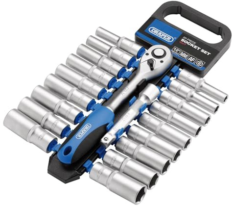 Draper 16377 1/2-Inch Square Drive Combined MM/AF Deep Socket and Ratchet 20 Piece Set , Blue