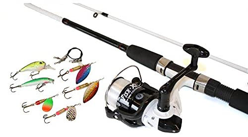 Fish-XPRO Spin Pro Spinnrutenset - Leichte 2,10m Rute mit Angelrolle, Angelschnur, 3 x Vorfach, 2 Kunstköderstecker und 4 Blinker - Komplettes Predator Rutenset fertig zum Angeln!