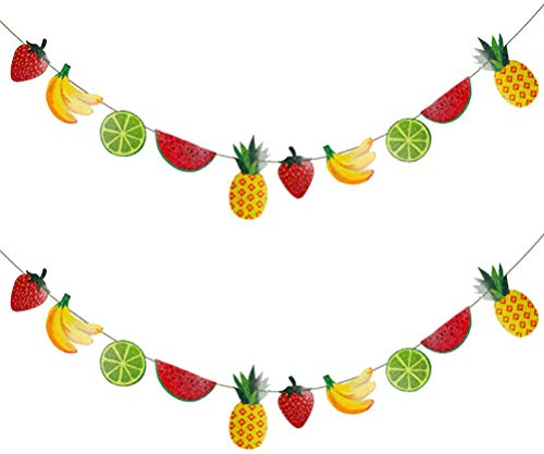 2Pcs Summer Fruits Banner Watermelon Banana Kiwi Pineapple Garland Paper Pull Flag Summer Tropical Tutti Bunting Banner for Birthday Luau Hawaii Decor