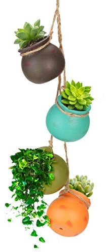 Surplex 4 Pezzi Fioriera Sospesa, Porta Piante da Appendere in Ceramica Multicolore con Un Buco, Porta Vasi da Appendere per Montaggio a Parete o Soffitto con Corda di Iuta per Decorazione