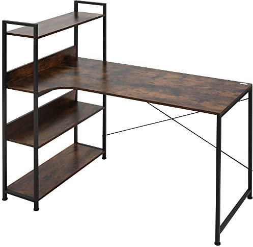HOMCOM Retro Industrial Computer Desk Home Office Table with 4-Tier Storage Shelf Metal Frame Computer Workstation for Home Office, Brown