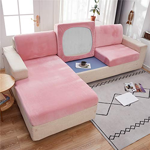 Sofa Sitzkissenbezug, Sofa Sitzkissenbezug Stretch Warm, Elastischer Kissenbezüge, Husse Überzug Bezug Für Sofa Sitzkissen, rutschfest Stoff Samt (Rosa,Großer Chaiselongue)