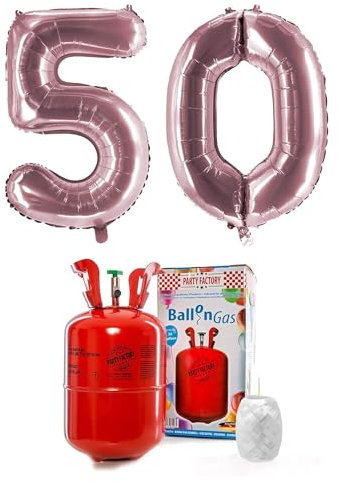 PARTY FACTORY Helium Set 50 mit XXL Zahlenballons, Ballongas und Ballonschnur - für Geburtstag, Jubiläum, Jahrestag; Gold, Silber, Schwarz, Pink, Rosa, Rosagold, Bunt (Rosé)