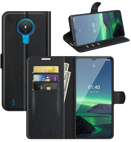 betterfon Handyhülle Kompatibel mit Nokia 1.4 | Premium Qualität TPU Klapphülle für 1.4 mit Kartenfächern | Magnetverschluss Handyhülle | Schwarz